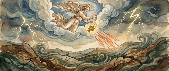 Obraz premium Angel casting fire from golden censer onto earth. Biblical apocalypse scene representing revelation of seven seals and judgment. Banner with copy space