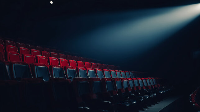 Spacious empty cinema hall with rows of red seats illuminated by a dramatic projector light beam, creating a cinematic atmosphere for entertainment and movie industry concepts.