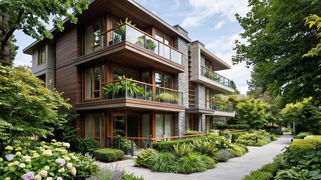 Stylish modern residential building surrounded by lush trees and vibrant greenery, elegant architecture, 4K video