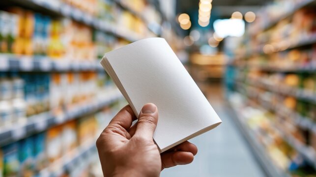 Hand Holding Blank Shopping List in Grocery Store Aisle