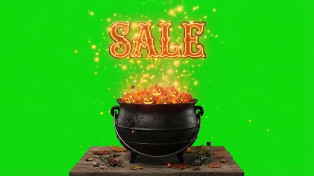 Halloween sale cauldron with glowing pumpkins on a green screen background