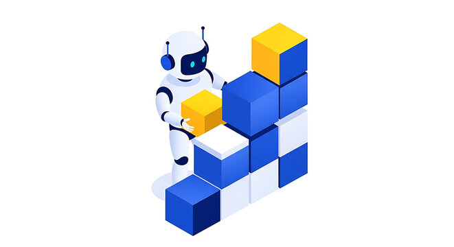 Artificial intelligence robot stacking cubes for automation and machine learning in a hightech isometric 3D illustration concept