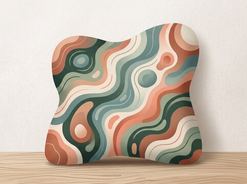 a uniquely shaped throw pillow featuring a retro wavy abstract pattern in muted earthy colors