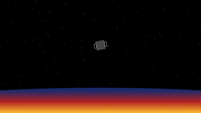 A small artificial satellite orbiting above the colorful atmosphere of earth in deep space with bright stars visible in the dark sky background