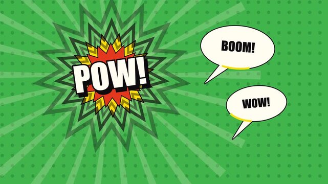 Explosion pow word animation with speech bubbles boom wow comic style motion graphic