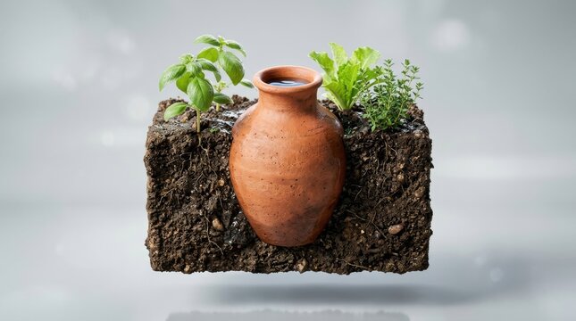 Innovative ollas watering system shown in a cross-section of soil with healthy herbs and plants growing.