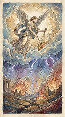 Fototapeta premium Angel pouring fire from censer onto earth during biblical apocalypse. Divine judgment with lightning and destruction of ancient ruins. Religious illustration of Revelation event.
