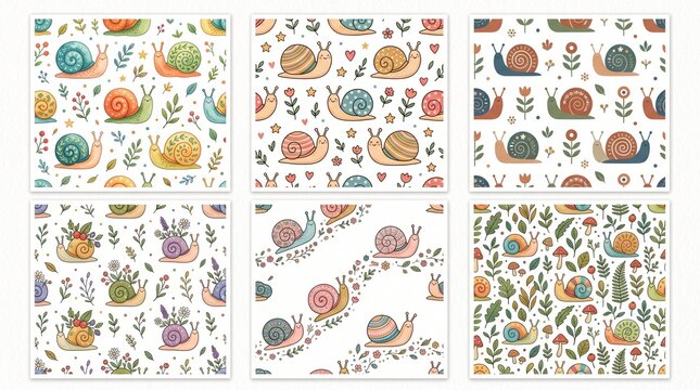 six seamless vector patterns featuring cute colorful snails mushrooms leaves and flowers on white background