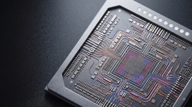 Quantum dot photonic integrated circuit chip 3D illustration with copy space