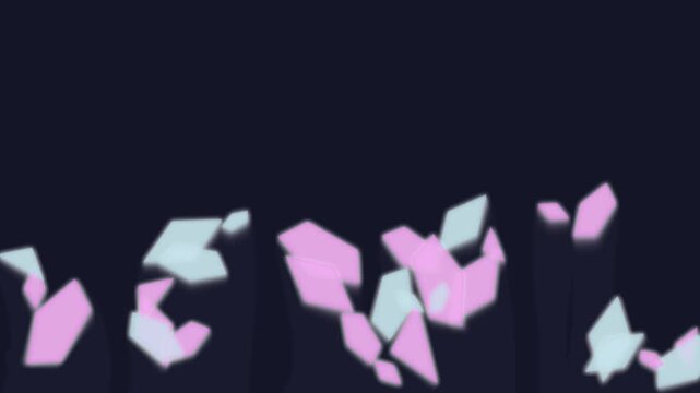 Abstract background with floating pink and blue geometric shapes on a dark navy blue surface