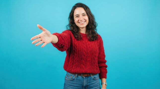 Young smiling woman in a red knitted sweater reaching out her hand for a friendly handshake against a bright blue background