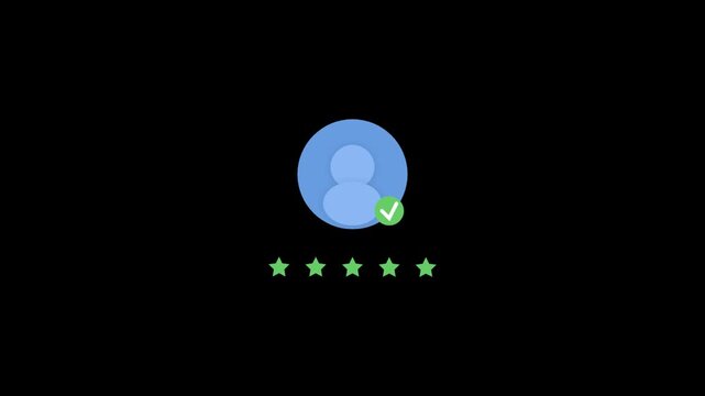 Blue user profile icon with a green check mark and five glowing stars for customer feedback and account verification rating