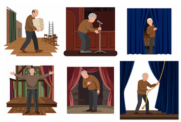Fototapeta premium Flat vector illustration set of a senior male actor performing on stage, bowing, and working behind the scenes in a theater production
