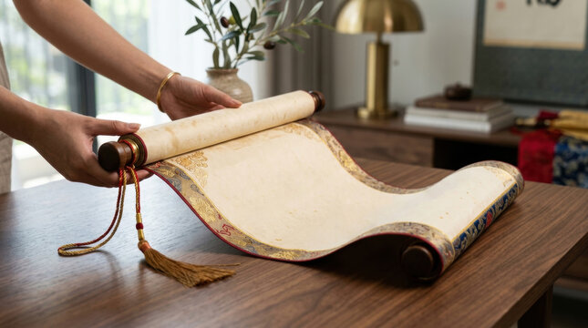 Person unrolling ancient asian scroll with calligraphy on wooden table, rich cultural heritage displayed with elegance and tradition.