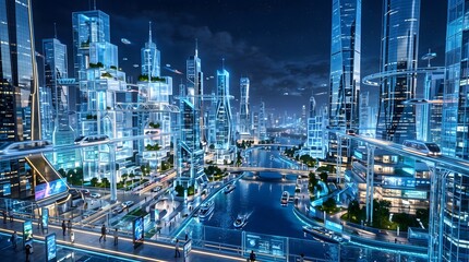 Fototapeta premium Futuristic metropolis cityscape featuring towering glass skyscrapers illuminated with bright neon blue lights under a clear starry night sky background