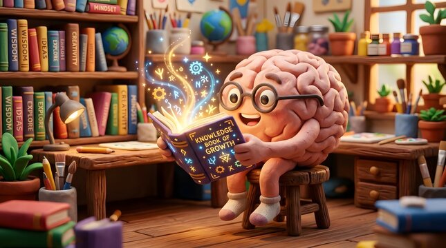 Whimsical clay brain character reading open book in cozy library setting with plants and bookshelves