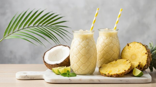 Pineapple coconut smoothies in pineapple shaped glasses with straws