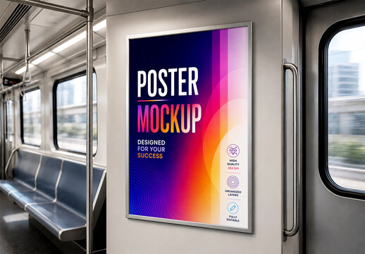 Vertical Poster Mockup inside Subway Train Interior