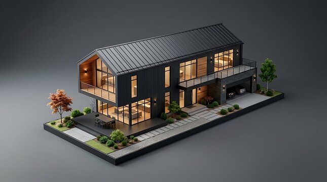Modern black two story house model with glass walls and balcony