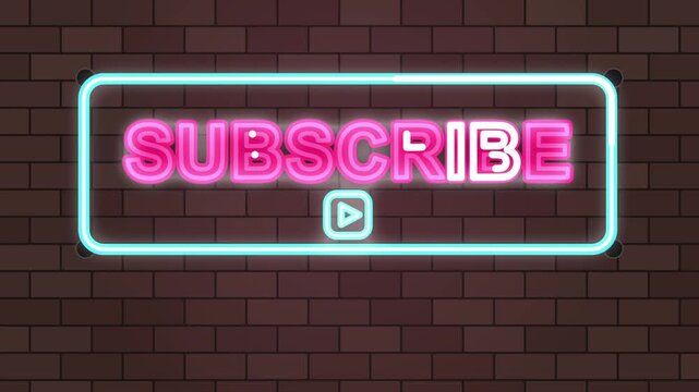 Glowing neon subscribe button animation on brick wall, call to action loop