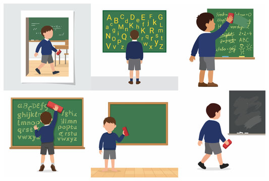 School boy character set cleaning and standing in front of chalkboard in classroom illustration