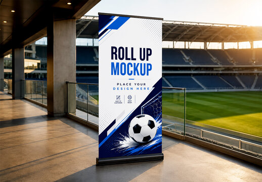 Vertical Roll Up Banner Mockup in Soccer Stadium
