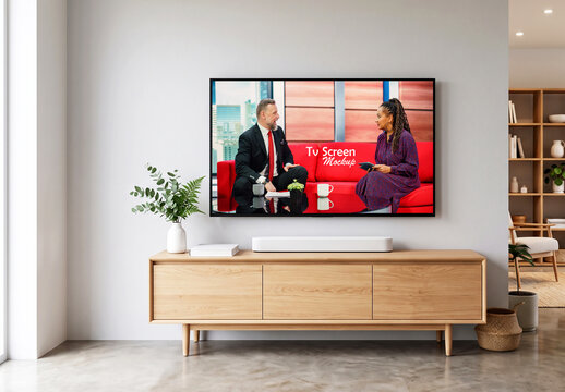 Wall Mounted Flat Screen TV Mockup in Modern Living Room