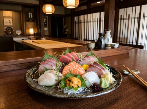 a premium mixed sashimi platter presented in an elegant Japanese sushi house with a luxurious empty dining interior in the background