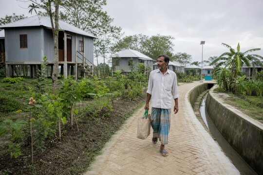 Climate Migration Documentary Middle Aged Walking Along Elevated Path