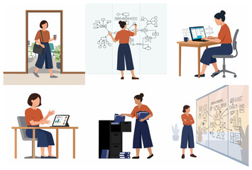 Fototapeta premium Business woman character set in various office activities and professional workflows