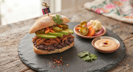 A modern culinary presentation of a mini torta served upright on a dark slate plate, skewered with a decorative pick and accompanied by a side of escabeche pickled vegetables and chipotle mayo. © Wealthy_7CupPig