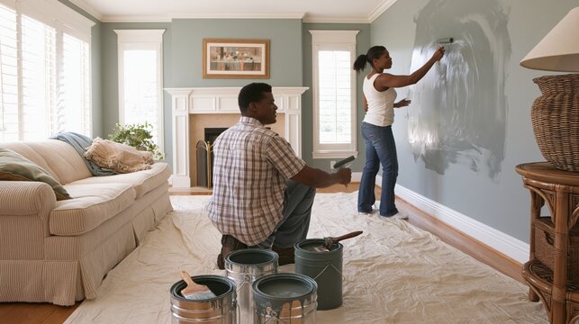 A Couple Painting Their Contemporary Living Room Together Joyfully
