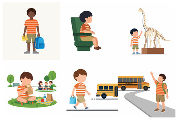 Set of cartoon illustrations featuring a young boy's daily activities, school life, museum visit, and outdoor picnic