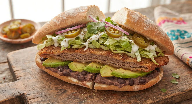 A vibrant, close-up photograph of a classic Mexican torta made on a soft, crusty bolillo roll, cut in half to reveal layers of sliced avocado, refried beans, pickled jalape&ntilde;os, shredded lettuce,