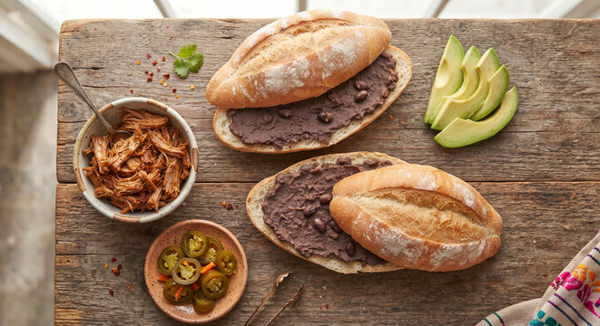 &nbsp;A top-down, artistic flat lay of a Mexican torta assembly station featuring an open bolillo roll, a spread of refried black beans, slices of ripe avocado, pickled jalape&ntilde;o rings