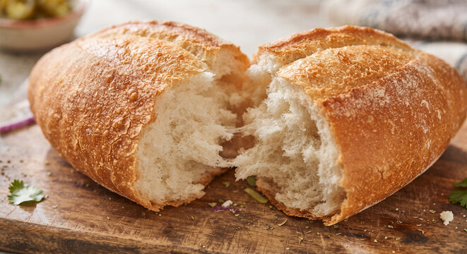 A hyper-realistic macro photograph focusing on the golden, crackly crust of a freshly baked bolillo roll, showing the contrast between the crisp exterior and the soft, fluffy crumb inside.
