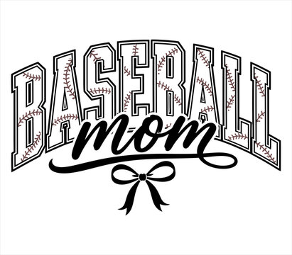 Baseball Mom Typography with Bow and Vintage Varsity Sports Lettering Design