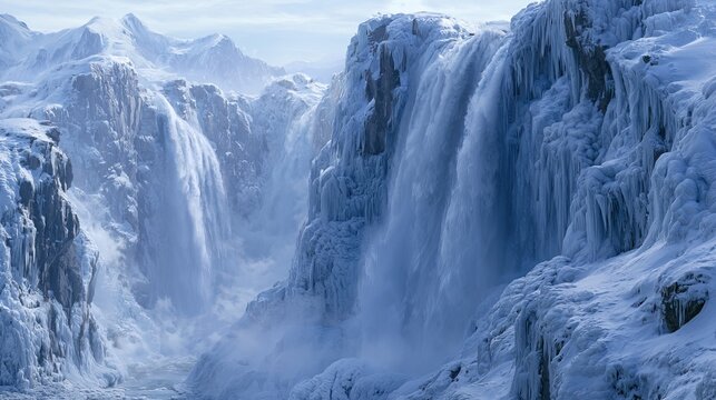 Frozen waterfall cascades down a majestic mountain range, creating a stunning visual representing power, resilience, and the breathtaking beauty of a frigid, isolated wilderness