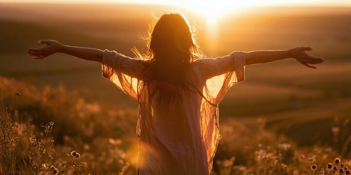 Embracing Freedom: Woman on Hillside at Sunset