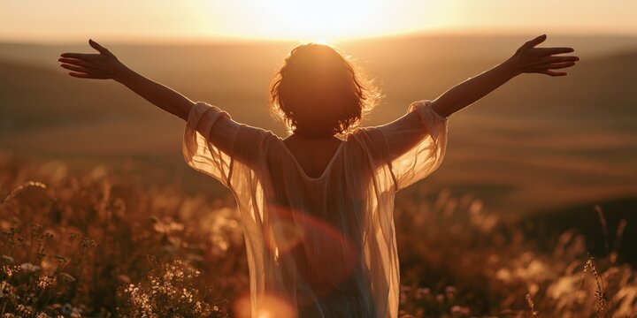 Embracing Freedom at Sunset: A Woman's Serene Moment