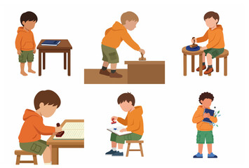Fototapeta premium Set of illustrations of a little boy using a rubber stamp and learning with books