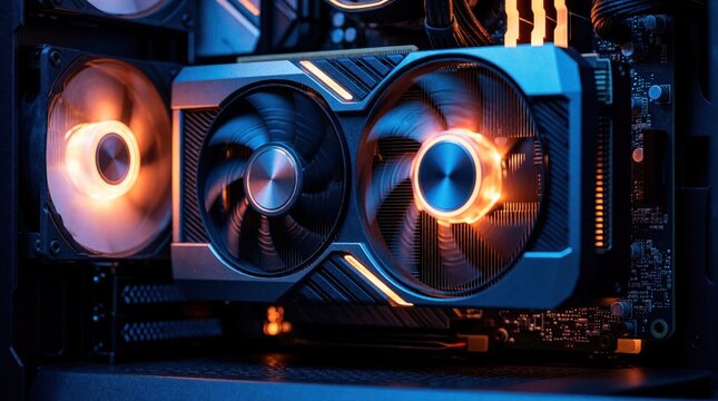 Powerful graphics card with glowing fans inside gaming PC. High performance hardware features orange light, modern cooling tech. Close up view of electronic components in dark computer case for