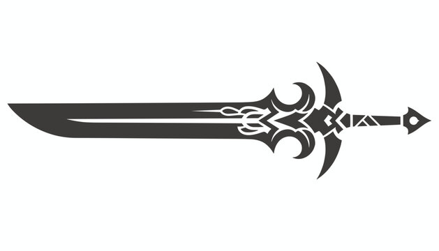 Cool fantasy sword silhouette icon with intricate hilt details and a sharp blade design isolated on a white backdrop.
