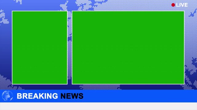 Breaking News Broadcast Template with Dual Green Screen Video Panels, Live Breaking News Template with Two Green Screen Panels, Breaking News Dual Screen Chroma Key Layout