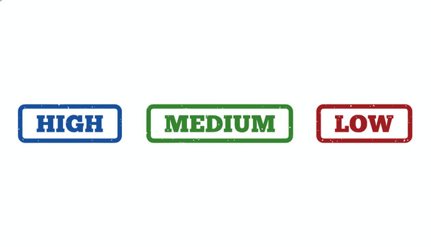 Three grunge rubber stamps with text high, medium, and low in blue, green, and red colors are shown on white.