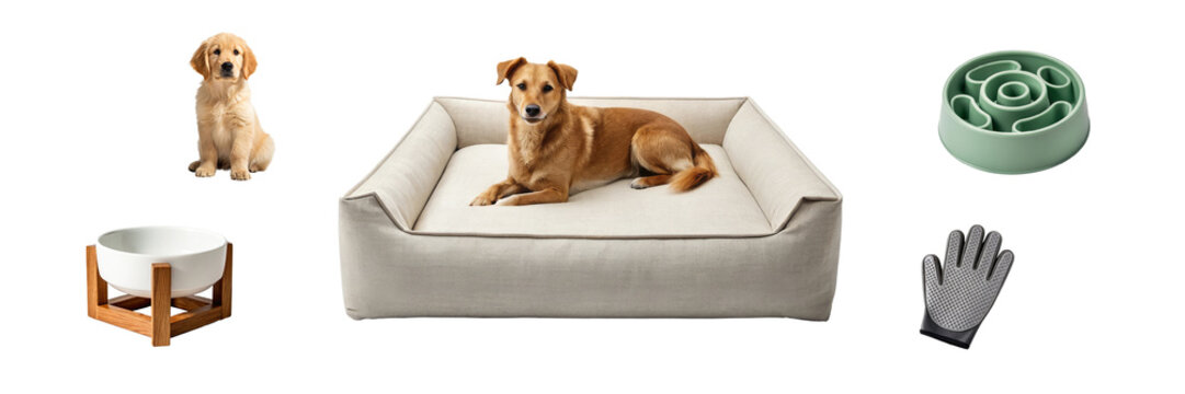 Pet care lifestyle collection with dog bed bowl puppy feeding bowl and grooming glove for marketing