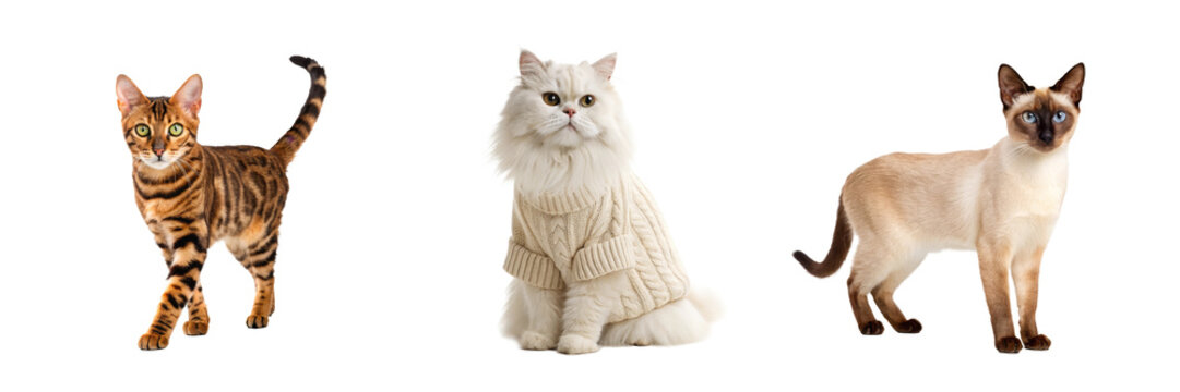 Cat breed collection with Bengal Persian and Siamese cats for pet care branding marketing and merchandise
