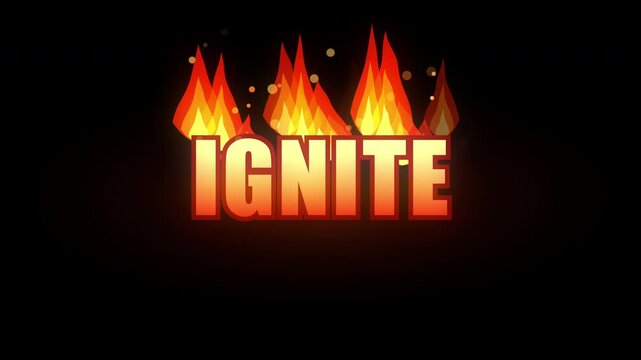 Animated fire text effect igniting on black background, pixelated flames and glowing edges
