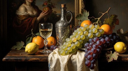 Fototapeta premium Old masters painting shows still life arrangement. Grapes, oranges, lemons, wine glass, and ornate metal jug sit on table. Female figure in background holds apple.