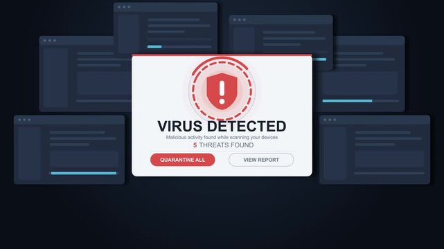 Virus detected alert animation, showing security warning pop-up over browser windows, cybersecurity, danger